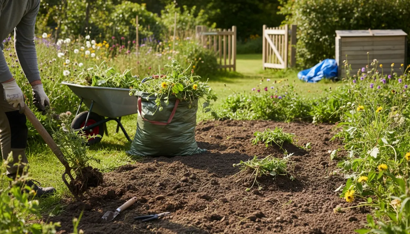 Hænder trækker ukrudt op fra et 'Vild med Vilje'-bed ved siden af en halvt fyldt trillebør klar til at køre væk.