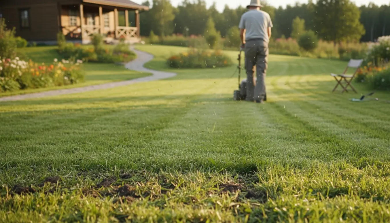 En person slår græs ved et sommerhus med en plæneklipper, ansigtet vendt væk.