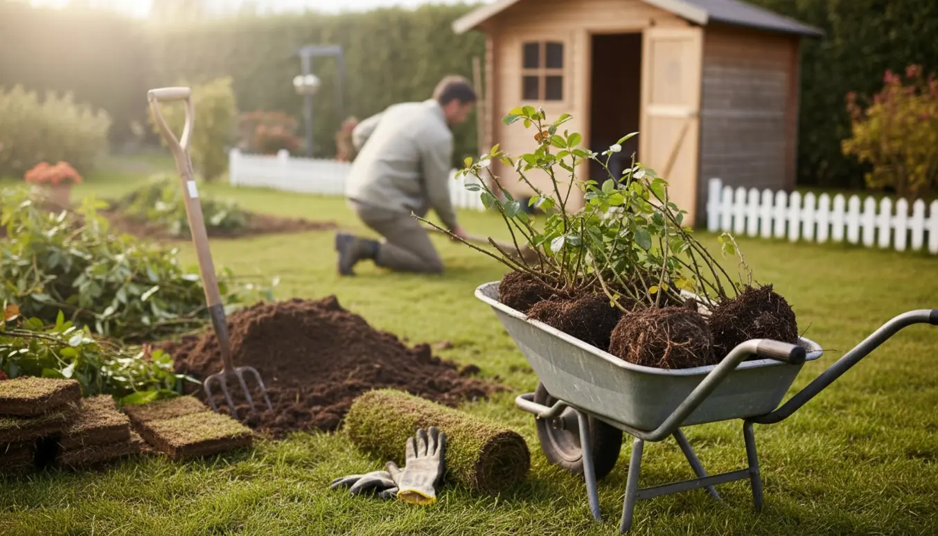 Et kolonihavebed graves op med opgravede roser og stauder ved en trillebør, klar til såning af græs.