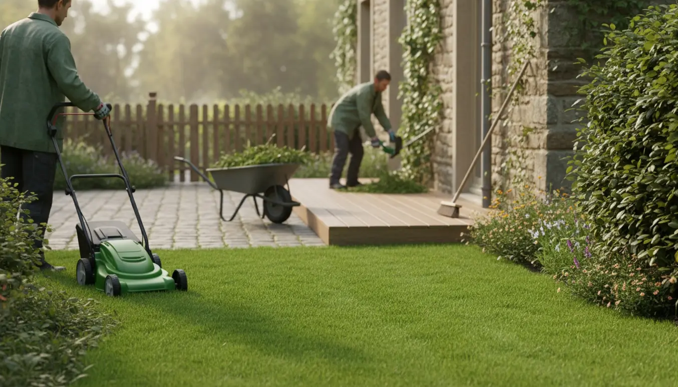 Havehjælper set bagfra klipper hæk, trimmer kanter og fjerner ukrudt ved terrasse, husmur og indkørsel.