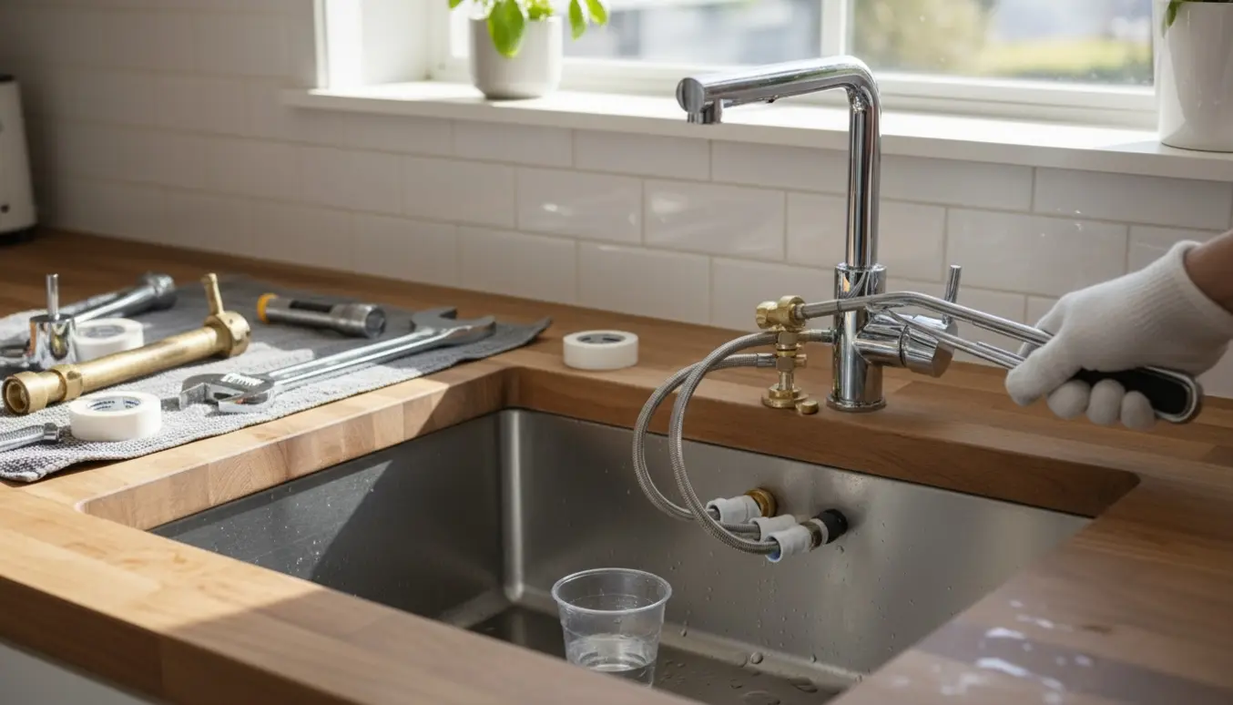 Hænder installerer et nyt køkkenarmatur ved en vask med værktøj omkring.