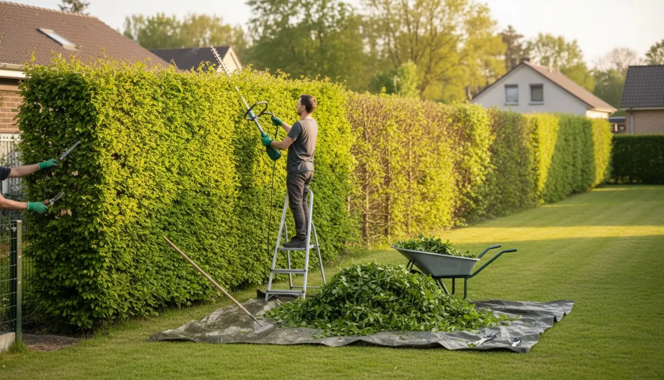En person klipper en lang bøgehæk set bagfra, med afklip samlet i en trillebør.