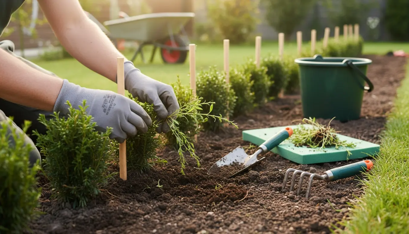 Næbne hækleplanter omgivet af en haveejer, der trækker ukrudt op med handsker og haveredskaber ved siden af.