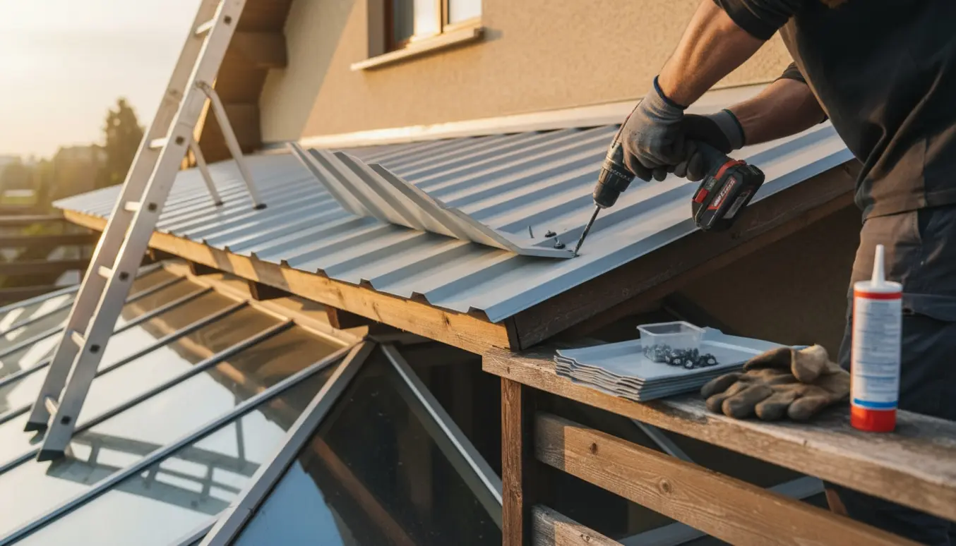 Håndværker sikrer beskadiget trapezplade på 1. sals terrasseoverdækning med skruemaskine og reservedele.