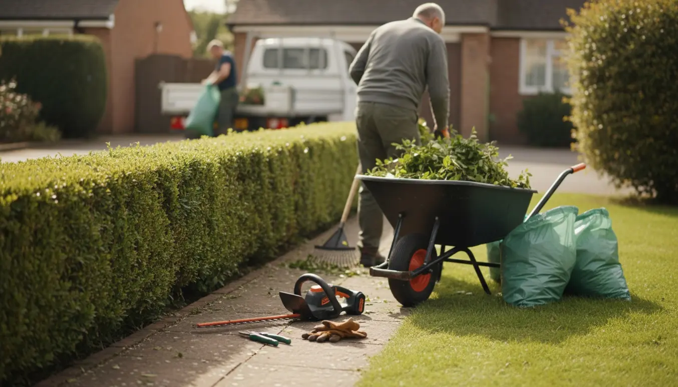 Nytrimmet ligusterhæk med trillebør og sække fyldt med hækkeaffald klar til bortkørsel.