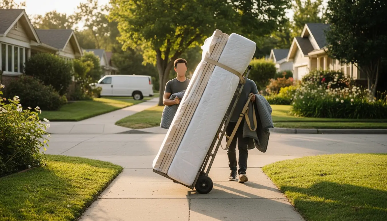 To personer transporterer en indpakket madras og sengedele på en møbeldolly mod en kassevogn foran en enetages bolig.