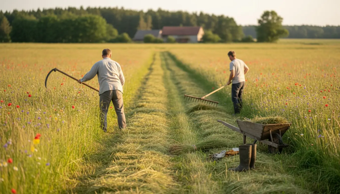 Stor eng med højt græs, hvor personer slår græsset manuelt med le og rive ved solnedgang.