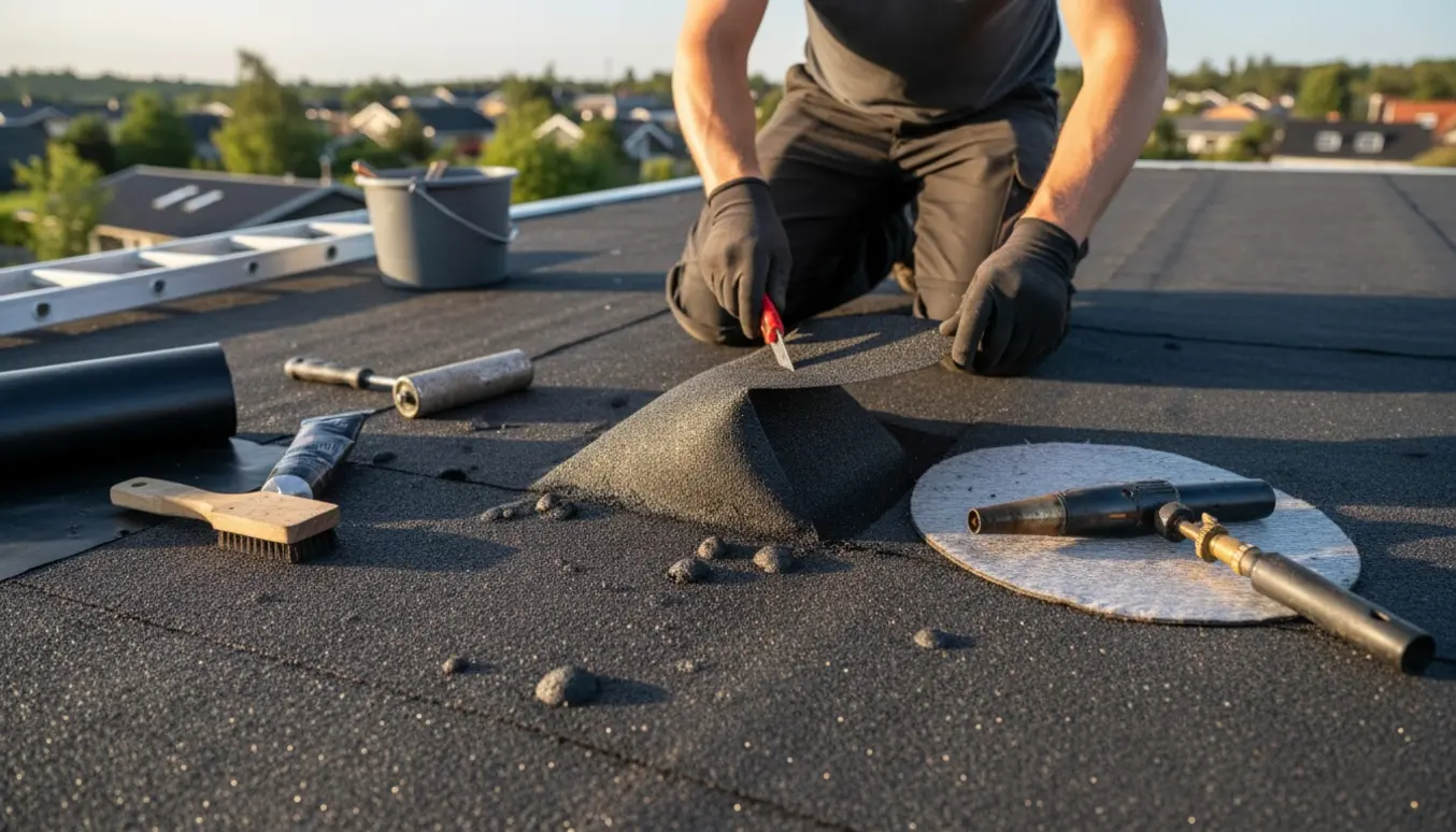 En tagdækker udbedrer cirka seks bobler i tagpap med lappe-materialer og værktøj.