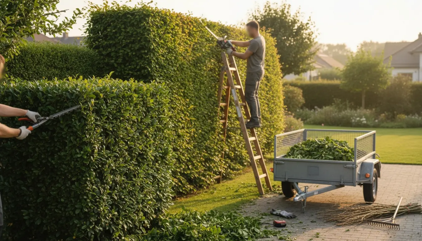 En person på stige trimmer toppen af en høj bøgehæk, mens hækkeklip ligger i en lille trailer ved siden af.