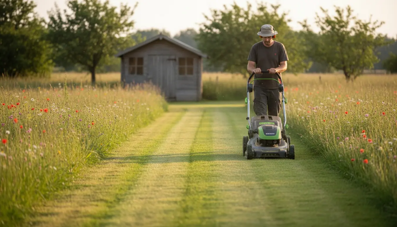 En person klipper græsset på en stor naturgrund med en plæneklipper, hvor nyslået græs møder højere engplanter.