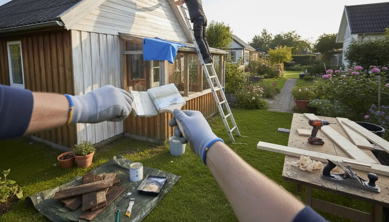Renovering og maling af endegavl på et kolonihavehus med stige over udestuetag og materialer samlet.