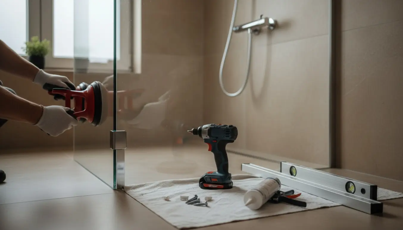 Delvist samlet brusekabine i et moderne badeværelse med værktøj som boremaskine, fugepistol og vaterpas.