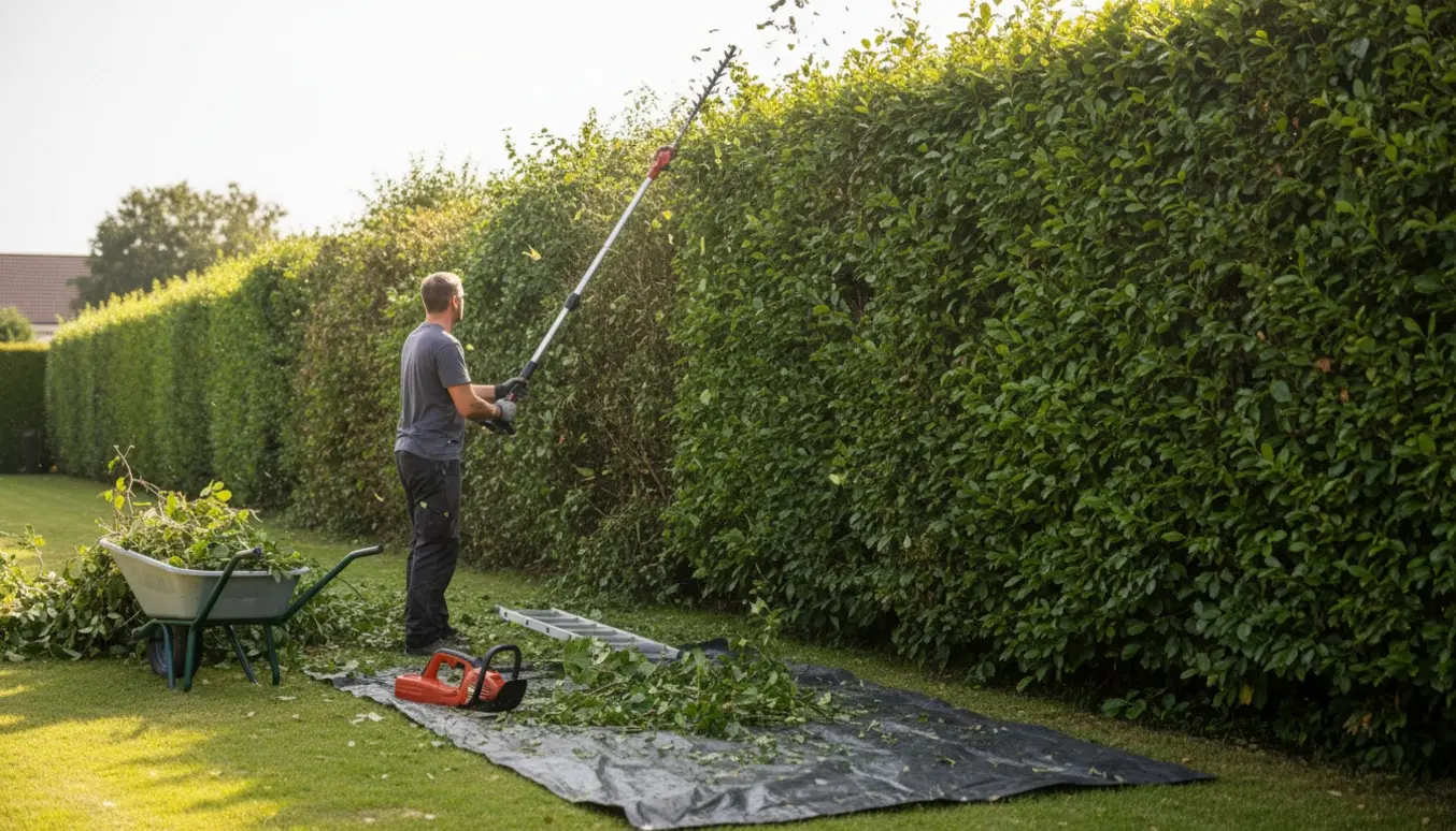 Person trimmer en lang hæk med teleskop-hækkeklipper, med afklip samlet på en presenning.