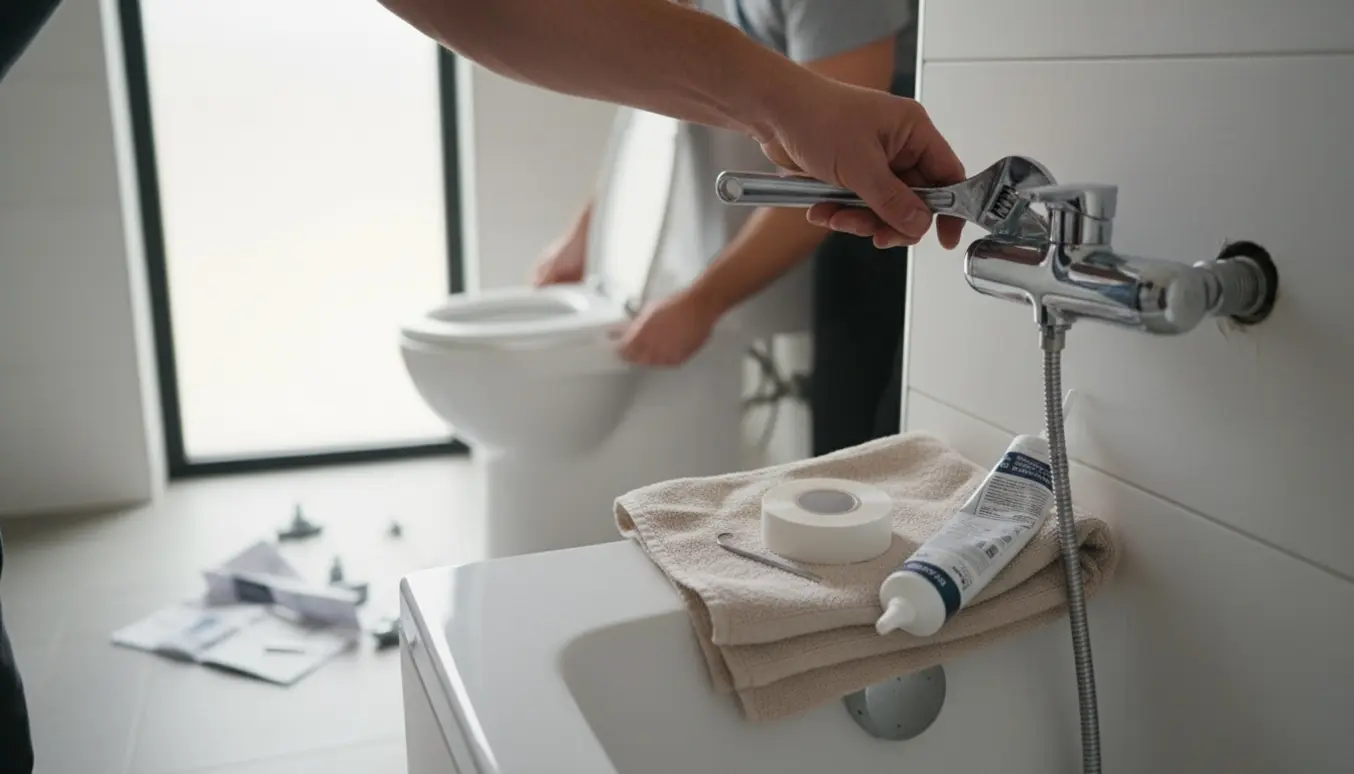 Håndværker monterer nyt brusearmatur mens nyt toiletsæde bliver sat på i et lyst badeværelse.