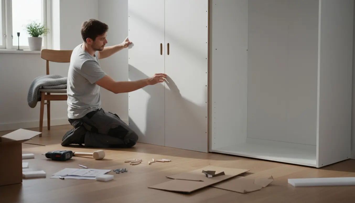 Hænder samler et hvidt fladtpakket skab i et lyst skandinavisk soveværelse med værktøj og dele på gulvet.