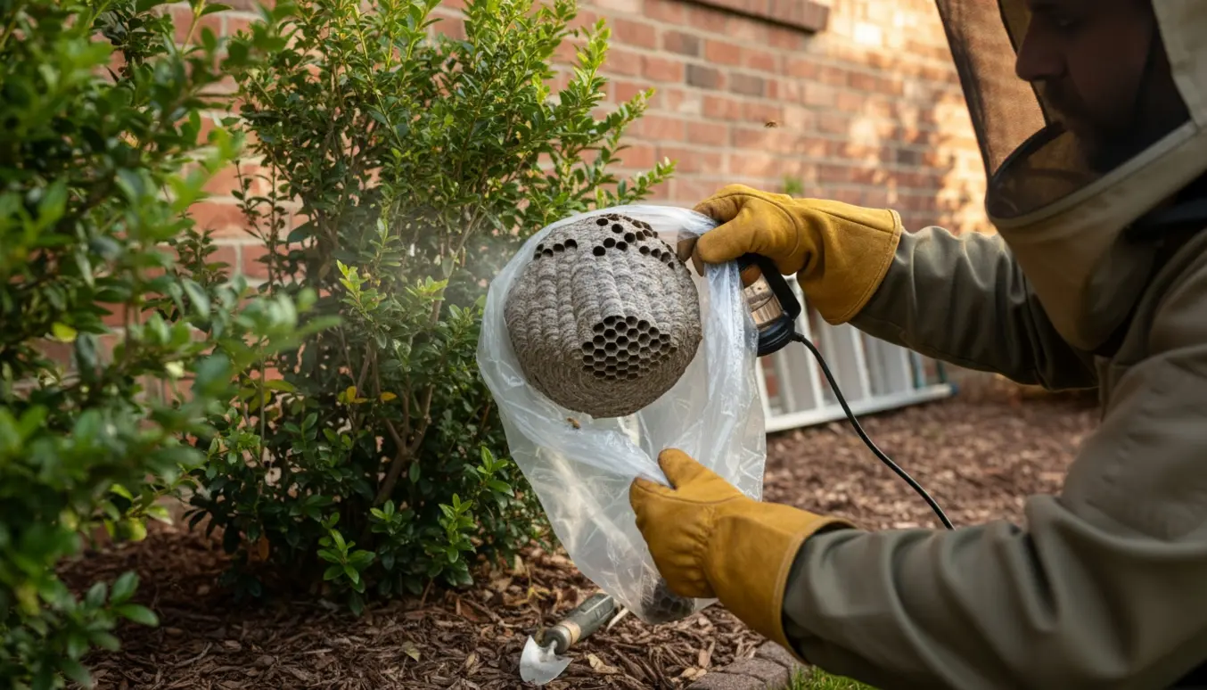 Beskyttede hænder fjerner et hvepsebo fra en busk ved husmuren.