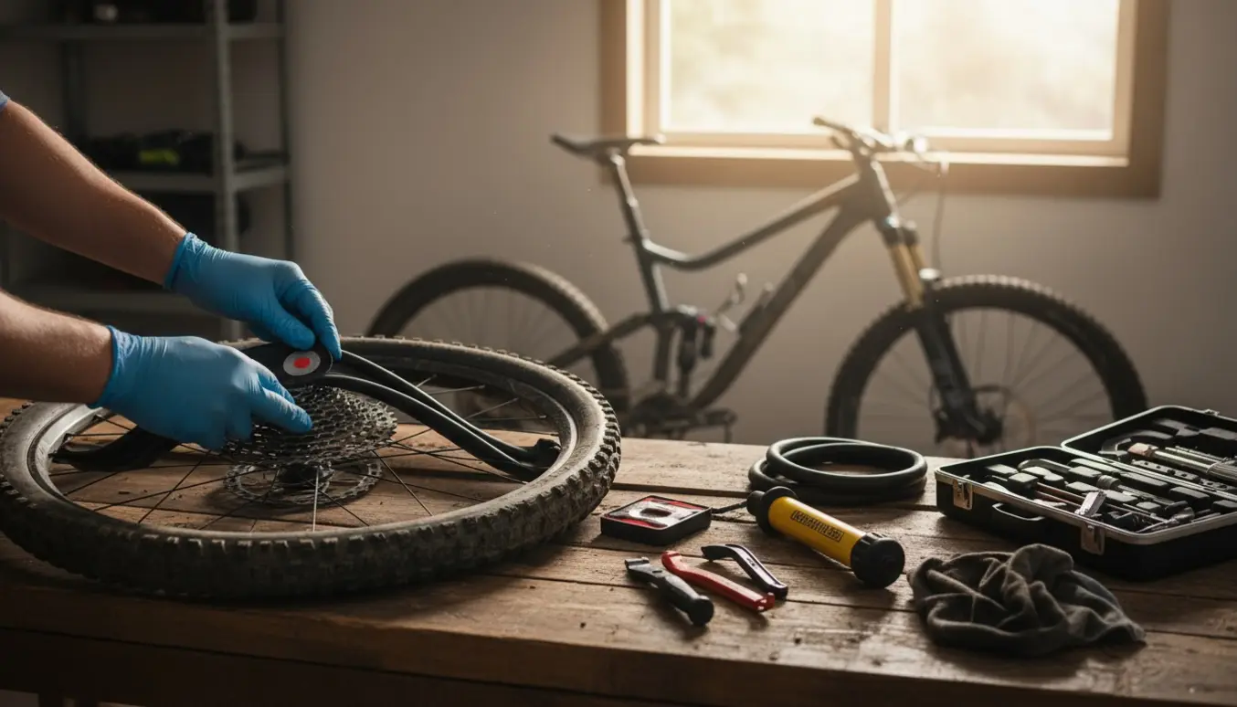 Nærbillede af et mountainbike-baghjul på et værkstedsbord, hvor hænder lapper en punkteret slange.