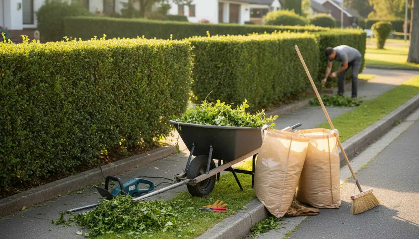 Nyligt klippet hæk langs fortovet med indsamling af afklip i trillebør og hænder, der fjerner ukrudt ved kanten.