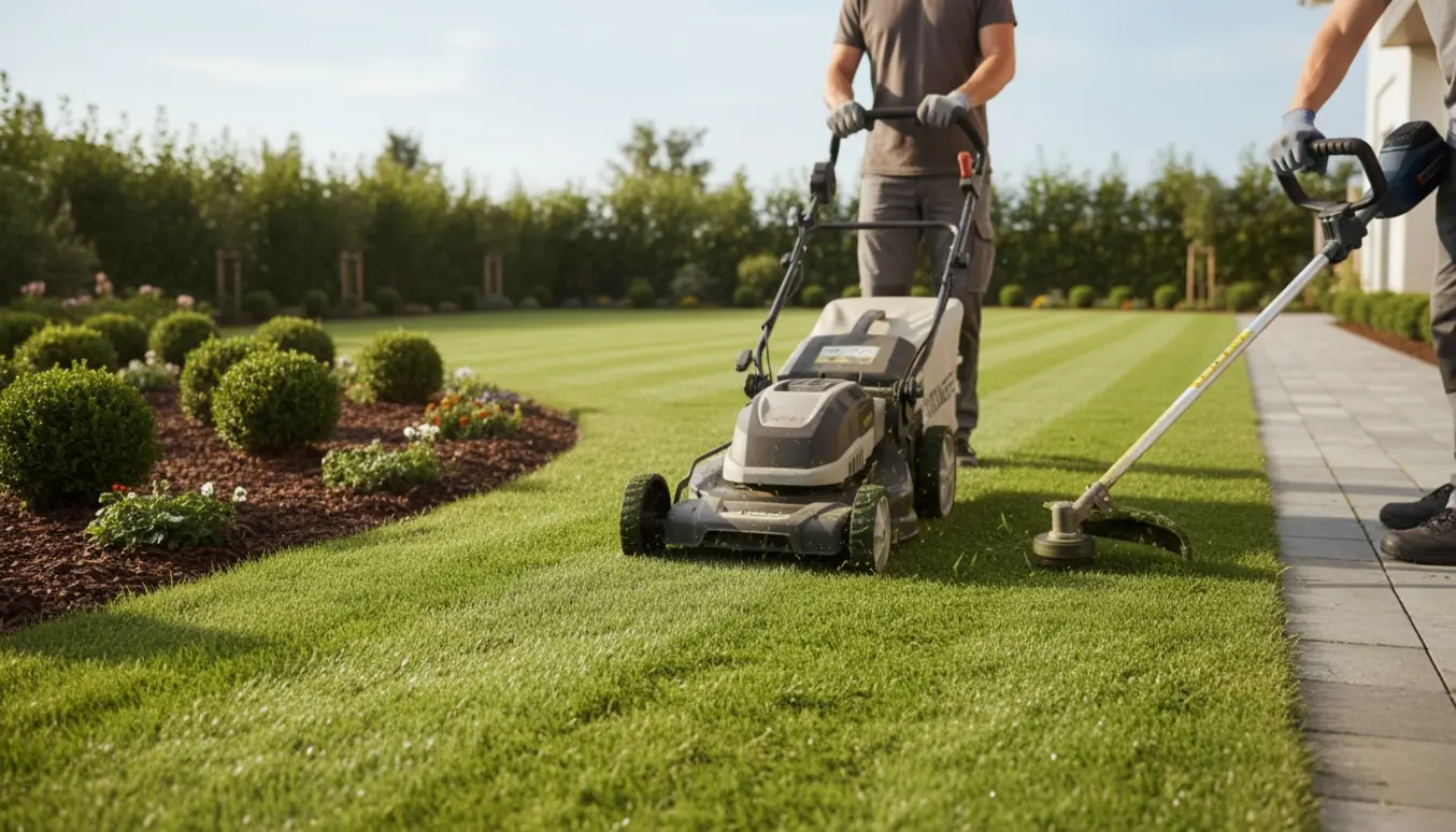 En person slår plænen og trimmer kanten med plæneklipper og kanttrimmer i en velplejet have.