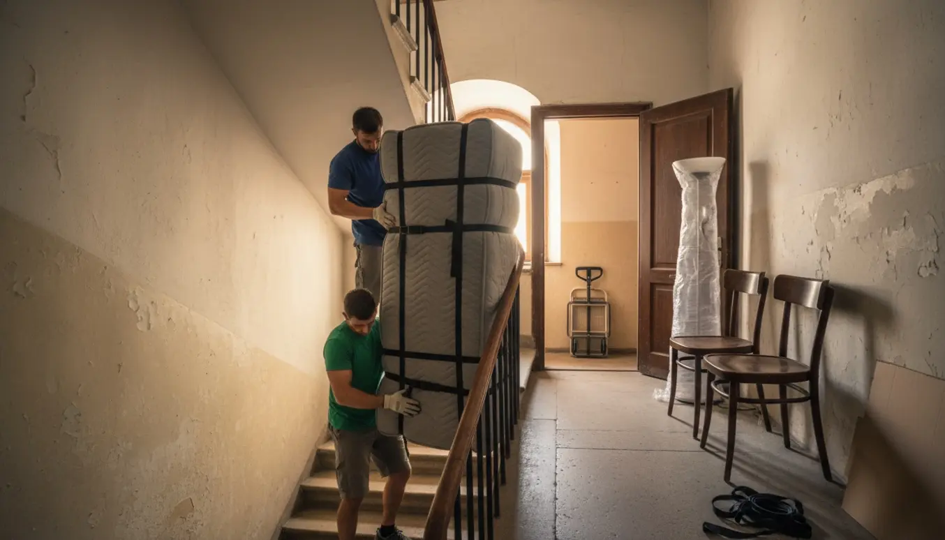 To flyttemænd bærer en 140 cm seng ned ad en trappe uden elevator, med en gulvlampe og to stole på reposen.