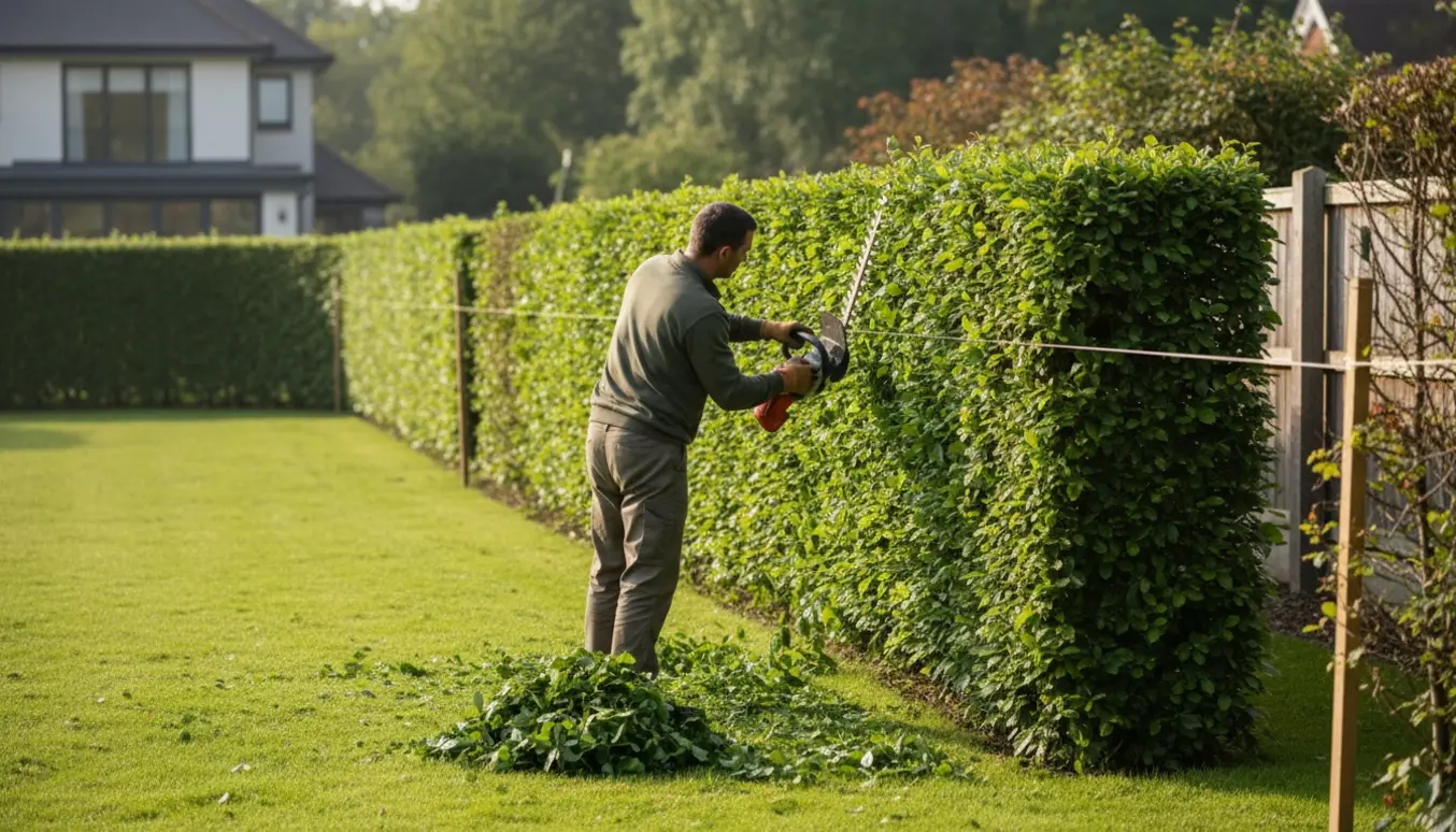En gartner trimmer en bøgehæk skarpt og lige med en elektrisk hækkeklipper, ryggen vendt mod kameraet.