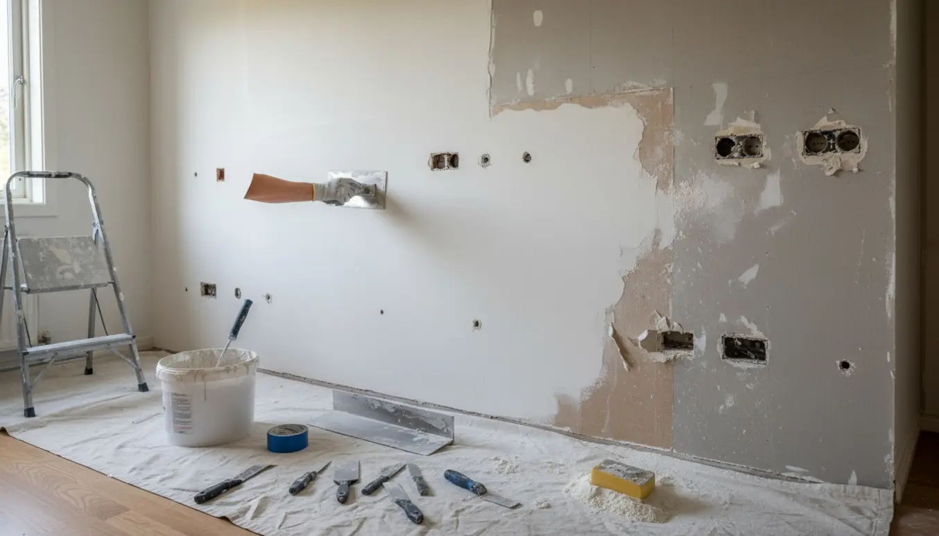 Køkkenvæg under reparation med spartel, filt og værktøj, tre forskellige lappe- og filtmetoder synlige.