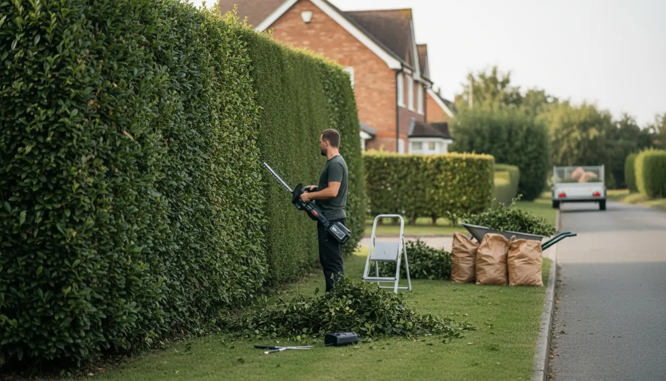 En person klipper en høj hæk med en batteridrevet hækkeklipper, bunker af afklip og en trillebør klar til bortkørsel.