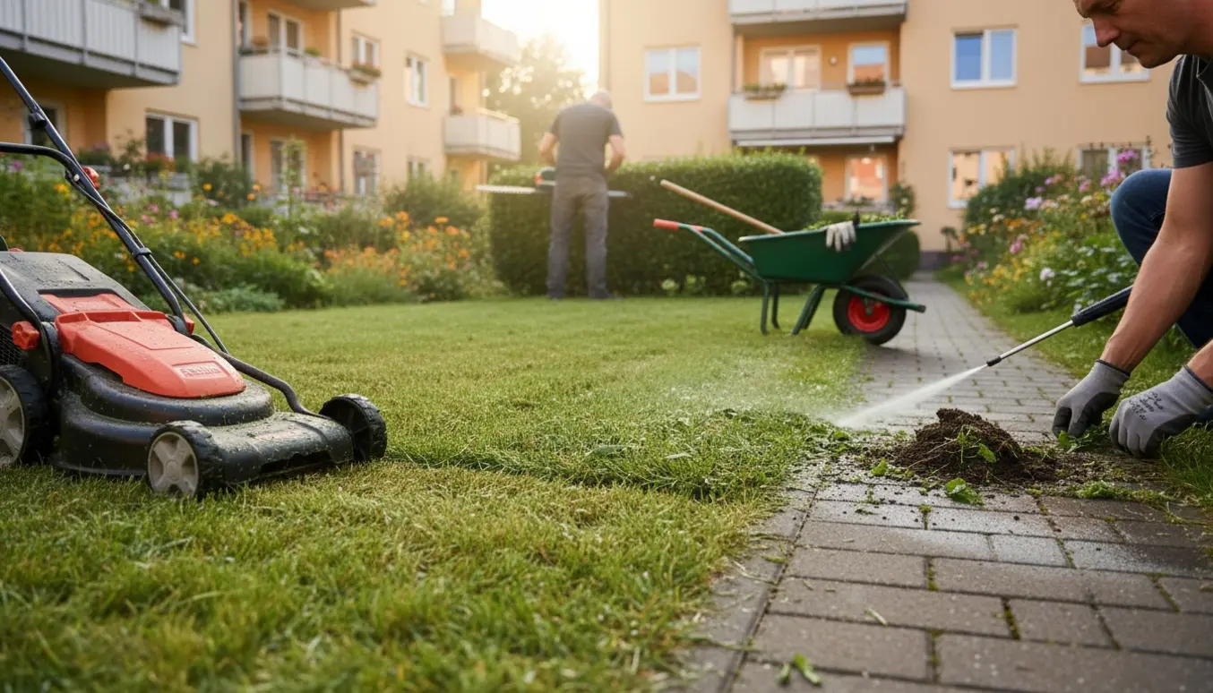 Frivillige i en ejerforenings have slår græs, trimmer hæk og fjerner ukrudt mellem fliser.