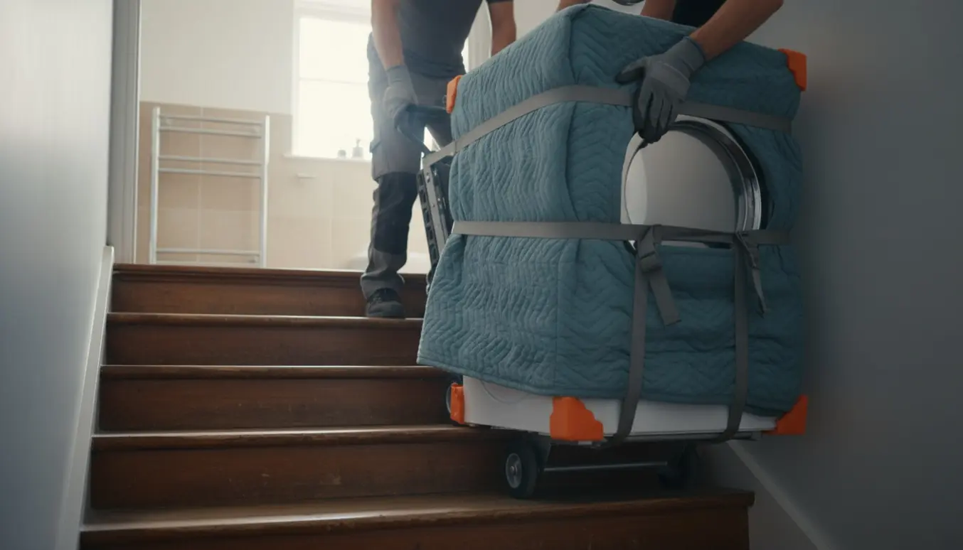 En tørretumbler bæres op ad en lang trappe mod badeværelset, dækket af flyttetæpper og straps.