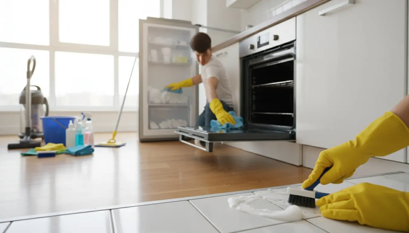 Lys lejlighed med rengøring før salg: afkalkning, rens af fuger, ovnrens og afriming på lakeret trægulv.