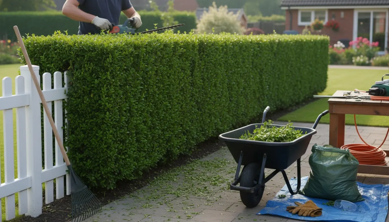 Indvendig klipning af en ligusterhæk med hækklipper og trillebør fyldt med afklip.