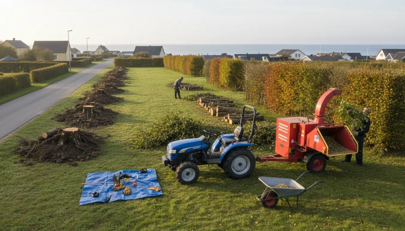 Rydning af ubebygget grund i Ebeltoft med delvist fældet bøgehæk, afklippede grene og ryddeværktøj samlet i bunker.