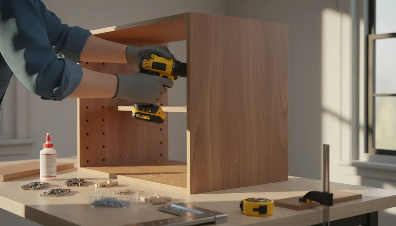 Delvist samlet træskab, hvor hænder monterer den manglende side med værktøj på et lyst værksted.