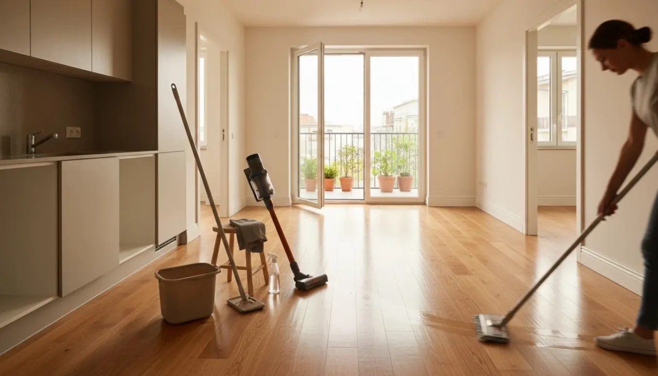 Tom lejlighed med nypudset trægulv og rengøringsudstyr ved fraflytning, lys fra altandøren.