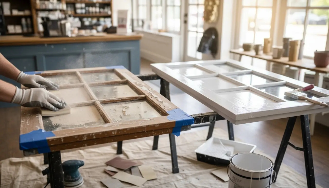 Nærbillede af butiksvinduesrammer, hvor hænder sliber og maler rammen med malergrej i forgrunden.