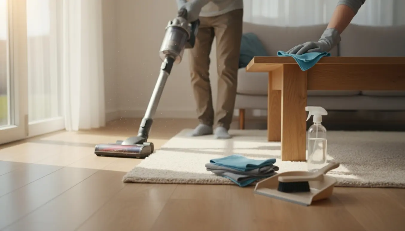 Hænder støvsuger gulvet og tørrer en bordoverflade af i en lys, ryddelig stue.
