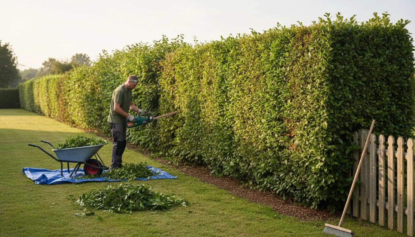 Person trimmer en lang hæk på omkring 180 cm højde med en elektrisk hækkeklipper, mens afklip samles i en trillebør.