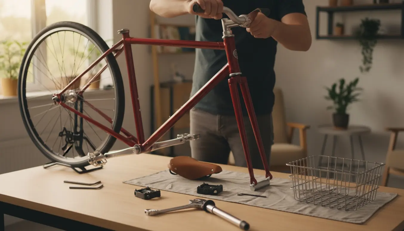 Hænder monterer styr på en næsten samlet Mustang-cykel med værktøj og dele ved siden af.