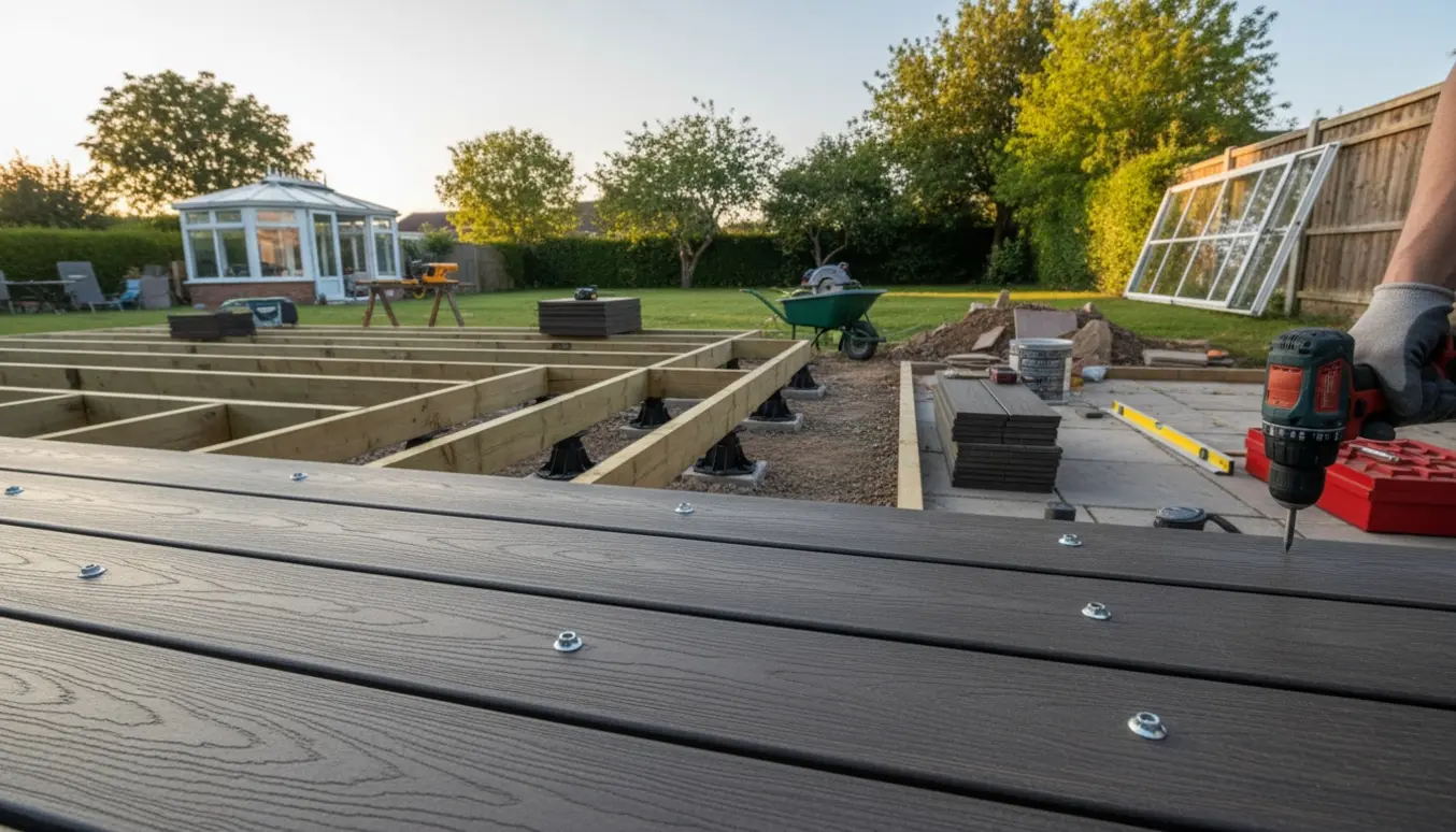 Delvist monteret kompositterrasse med værktøj og fjernet udestue i baggrunden.