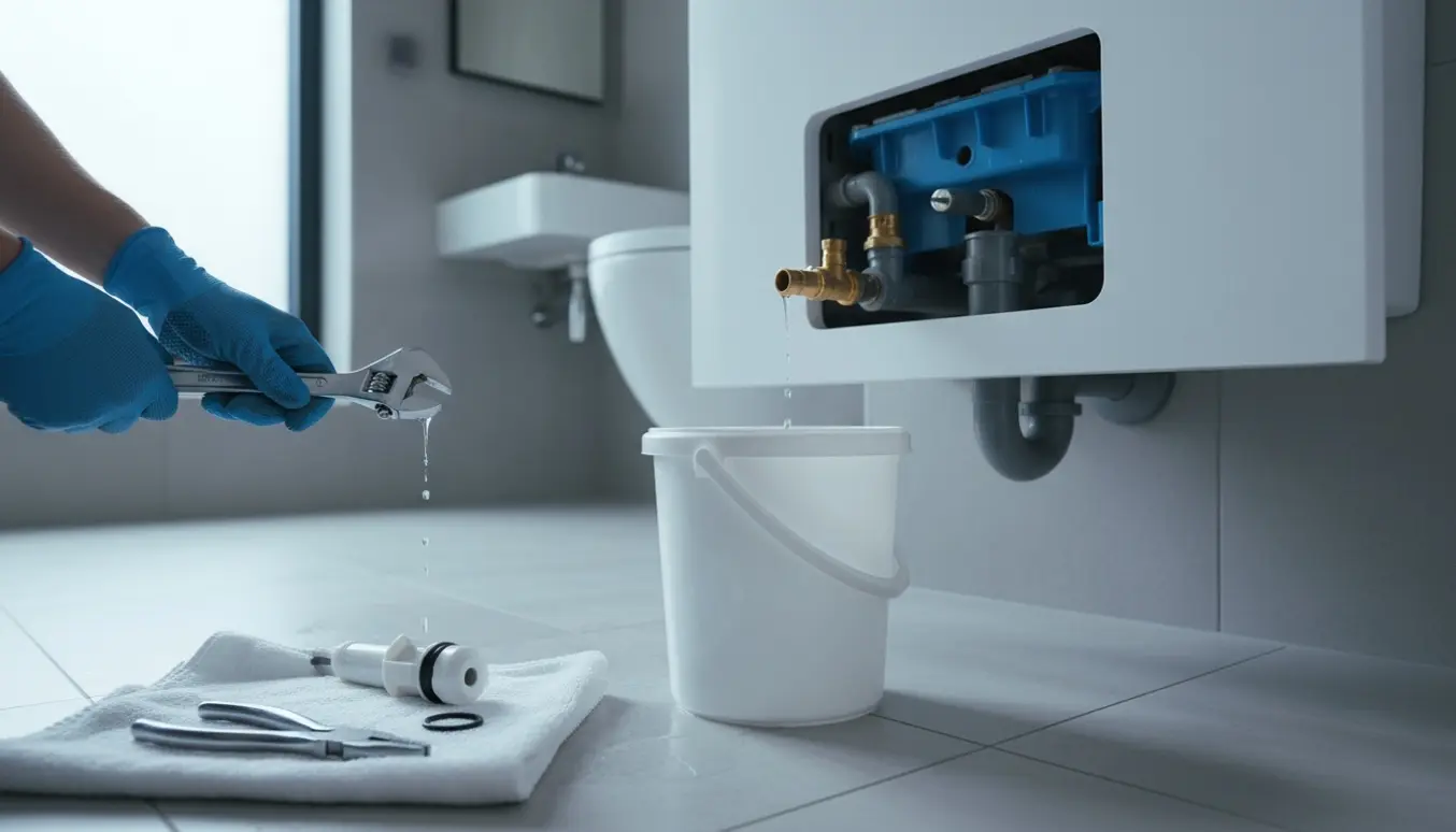 Eksponeret indbygget cisterne med håndværkerhandsker, der reparerer en dryppende ventil over en spand.