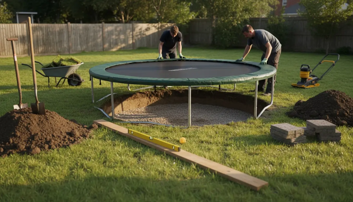 Nedgravning og opstilling af en nedsænket trampolin i en baghave med værktøj og jordbunker.