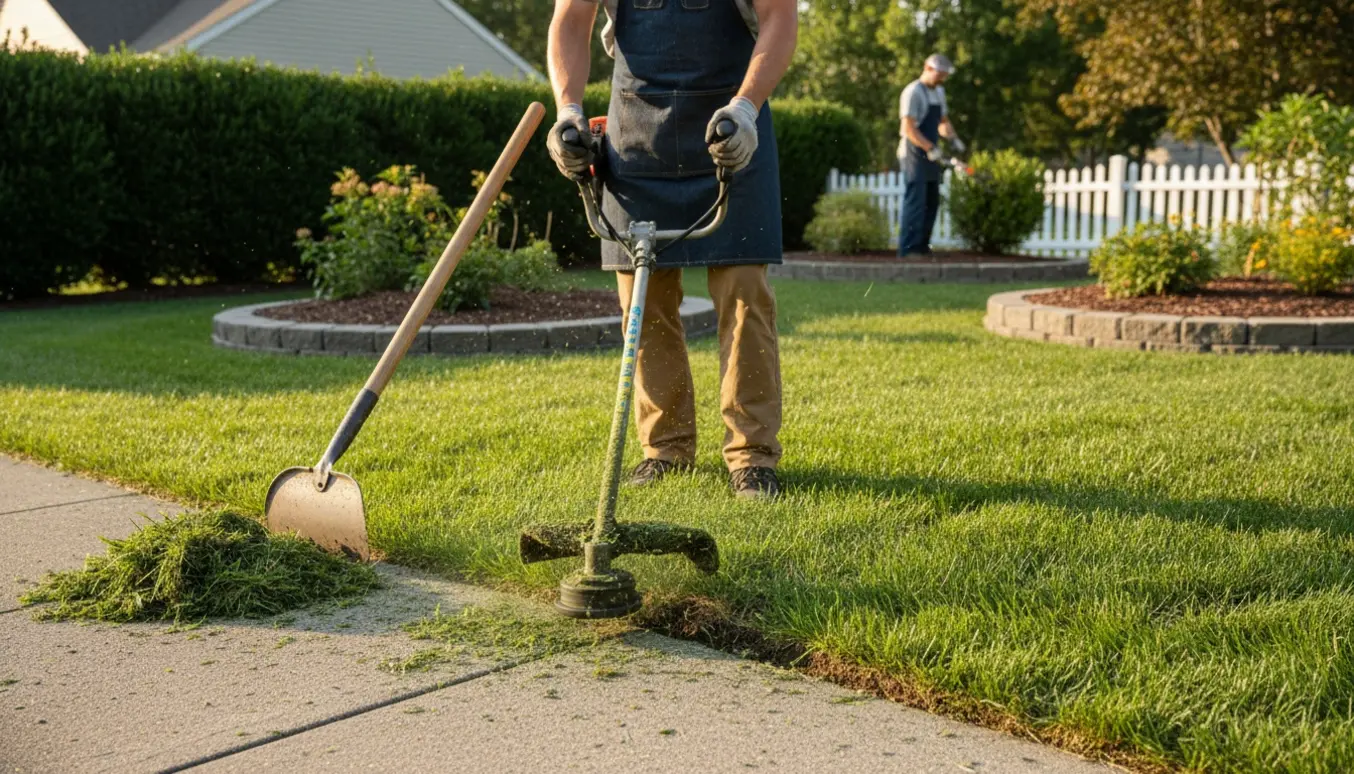 Nærbillede af græskantskæring ved fortov og hæk på en hjørnegrund.