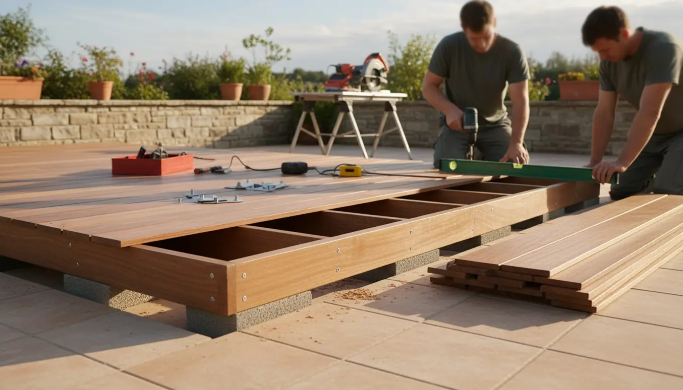 Træterrasse under opbygning på en flisebelagt terrasse med værktøj og materialer.