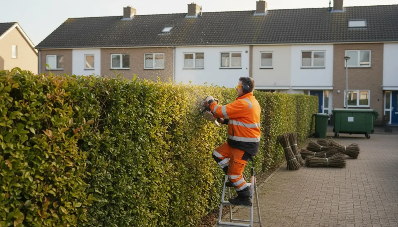 Person trimmer toppen af en lang bøgehæk ved rækkehuse med motorsav, set bagfra uden tydeligt ansigt.