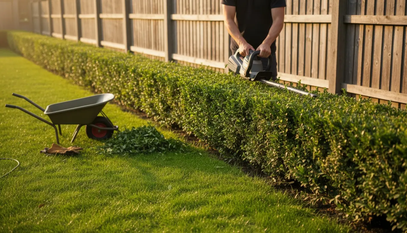 En person trimmer en lav hæk i haven med en elektrisk hækkeklipper, mens friske afklip ligger på græsset.