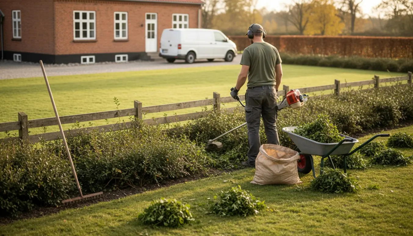 Havemand med buskrydder klipper cotoneaster-buske i en villahave, mens afklip samles i trillebør.