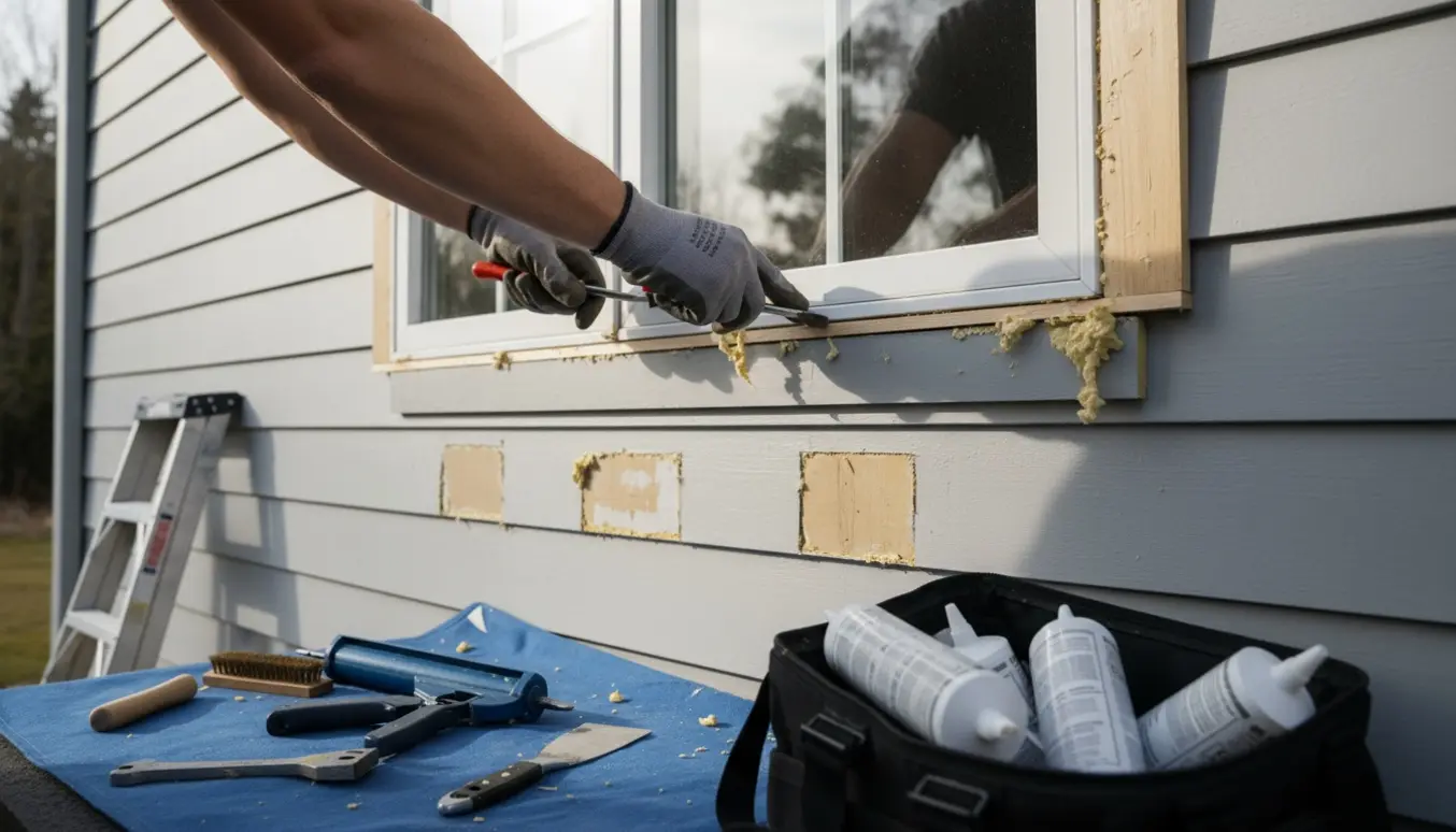 Håndværker fjerner træramme og PU-skum rundt om et nyligt installeret vindue klar til korrekt fugearbejde.