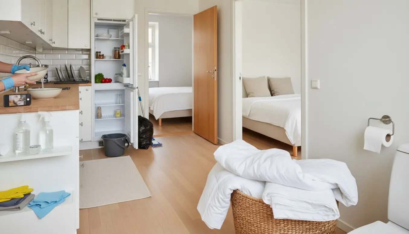Soloplyst skandinavisk Airbnb-lejlighed med rengøringsudstyr, handsker der skifter toiletrulle og nyvaskede sengetøj klar til nye gæster.