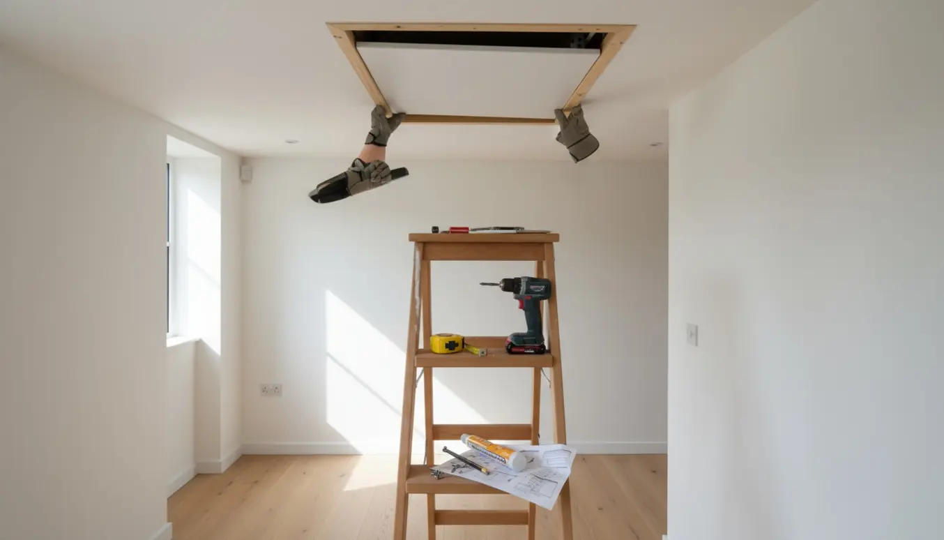 Hænder monterer en ny loftlem fra en stige i en lys gang.