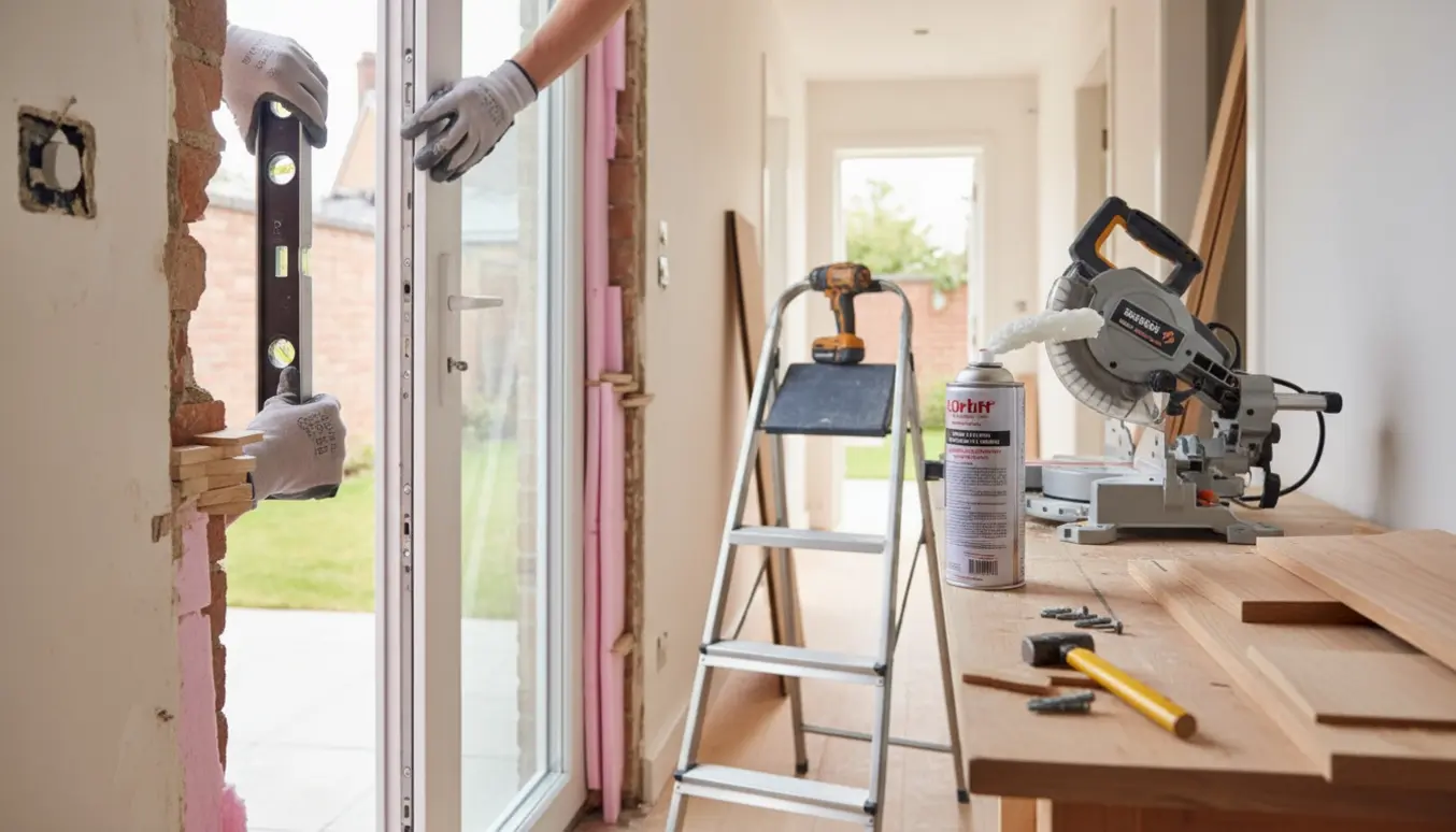 Hvid terrassedør sættes i karmen med klodser, isolering og værktøj synligt.